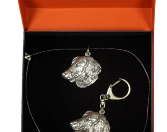 NEW, Teckel (longhaired), dog keyring and necklace in casket, PRESTIGE set, limited edition, ArtDog . Dog keyring for dog lovers