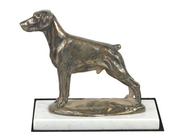 Dobermann ucropped, dog white marble base statue, limited edition, ArtDog. Made of cold cast bronze. Perfect gift. Limited edition