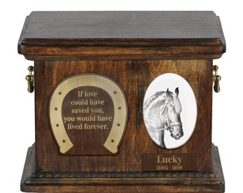 Urn for horse ashes with ceramic plate and sentence - Friesian, ART-DOG. Cremation box, Custom urn.