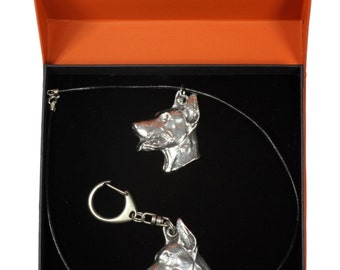 NEW, Doberman Pinscher, dog keyring and necklace in casket, PRESTIGE set, limited edition, ArtDog . Dog keyring for dog lovers
