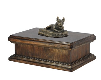 Exclusive Urn for dog’s ashes with a Bull Terrier lying happy statue, ART-DOG. New model Cremation box, Custom urn.