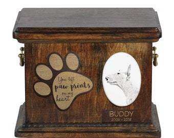 Urn for dog’s ashes with ceramic plate and description - Bullterrier, ART-DOG Cremation box, Custom urn.