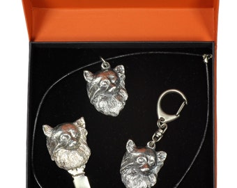 NEW, Chihuahua Longhaired, dog keyring, necklace and clipring in casket, PRESTIGE set, limited edition, ArtDog . Dog keyring for dog lovers