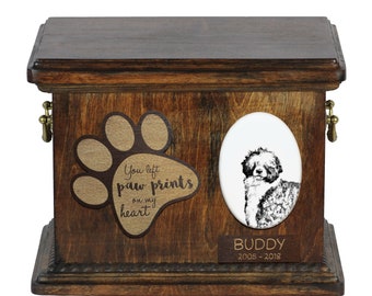 Urn for dog’s ashes with ceramic plate and description - Portuguese Water Dog, ART-DOG Cremation box, Custom urn.