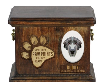 Urn for dog ashes with ceramic plate and sentence - Geometric Scottish deerhound, ART-DOG. Cremation box, Custom urn.