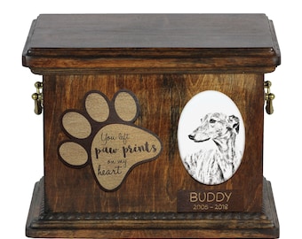 Urn for dog’s ashes with ceramic plate and description - Greyhound, ART-DOG Cremation box, Custom urn.