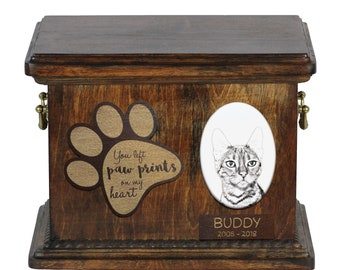 Urn for cat ashes with ceramic plate and sentence - Toyger, ART-DOG Cremation box, Custom urn.