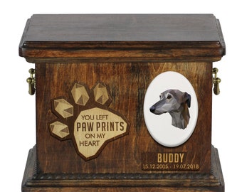 Urn for dog ashes with ceramic plate and sentence - Geometric Grey Hound, ART-DOG. Cremation box, Custom urn.