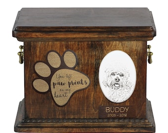 Urn for dog’s ashes with ceramic plate and description - Dandie Dinmont Terrier, ART-DOG Cremation box, Custom urn.