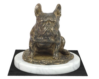 French Bulldog mum, dog white marble base statue, limited edition, ArtDog. Made of cold cast bronze. Perfect gift. Limited edition