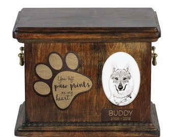 Urn for dog’s ashes with ceramic plate and description - Czechoslovakian Wolfdog, ART-DOG Cremation box, Custom urn.