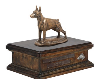 Exclusive Urn for dog ashes with a Dobermann cropped statue, relief and inscription. ART-DOG. New model. Cremation box, Custom urn.