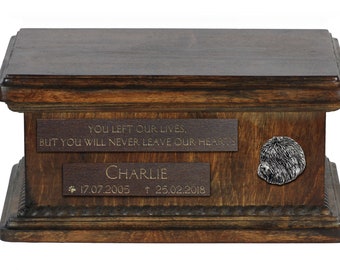 Urn for dog’s ashes with relief and sentence with your dog name and date - Bobtail, ART-DOG. Low model. Cremation box, Custom urn.