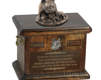 French Bulldog mother - Exclusive Urn for dog ashes with a statue, relief and inscription. ART-DOG. Cremation box, Custom urn.