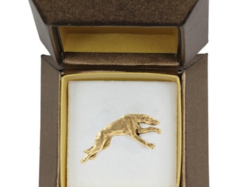 NEW, Grey Hound, dog pin, in casket, gold plated, limited edition, ArtDog