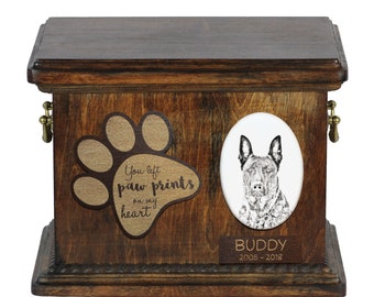 Urn for dog’s ashes with ceramic plate and description - Dutch Shepherd, ART-DOG Cremation box, Custom urn.