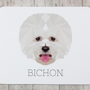 A computer mouse pad with a Bichon Frise dog. A new collection with the geometric dog