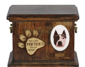 Urn for dog ashes with ceramic plate and sentence - Geometric American Staffordshire Terrier, ART-DOG. Cremation box, Custom urn.