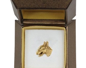NEW, Bull Terrier, dog pin, in casket, gold plated, limited edition, ArtDog