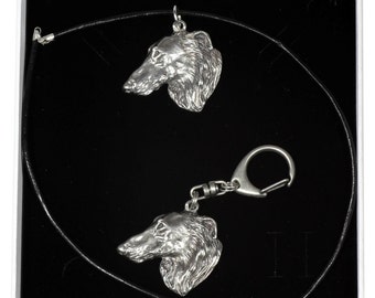 NEW, Borzoi, Russian Wolfhound, dog keyring and necklace in casket, ELEGANCE set, limited edition, ArtDog . Dog keyring for dog lovers