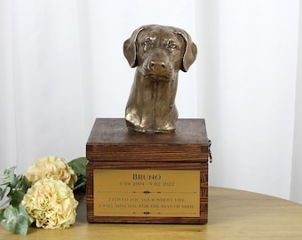 Doberman uncropped urn for dog's ashes, Urn with engraving and sculpture of a dog, Urn with dog statue and engraving, Custom urn for a dog