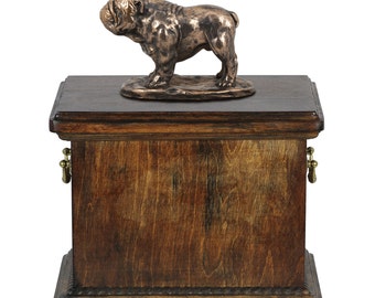 Urn for dog’s ashes with a English Bulldog statue, ART-DOG Cremation box, Custom urn.