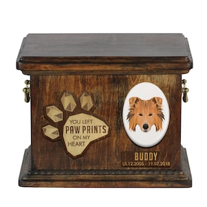 Urna para cinzas de cachorro com placa de cerâmica e frase - Geometric Collie, ART-DOG. Caixa de cremação, urna personalizada.