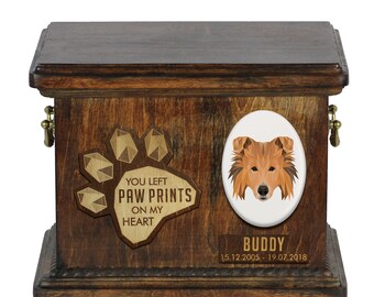 Urn for dog ashes with ceramic plate and sentence - Geometric Collie, ART-DOG. Cremation box, Custom urn.