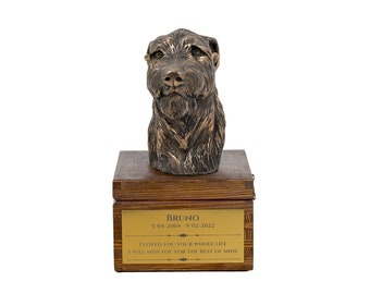 Irish Wolfhound urn for dog's ashes, Urn with engraving and sculpture of a dog, Urn with dog statue and engraving, Custom urn for a dog