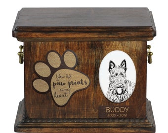 Urn for dog’s ashes with ceramic plate and description - Scottish Terrier, ART-DOG Cremation box, Custom urn.