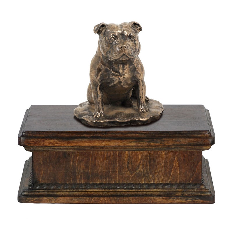 Custom urn. New model Cremation box ART-DOG Exclusive Urn for dog\u2019s ashes with a Staffordshire Bull Terrier statue