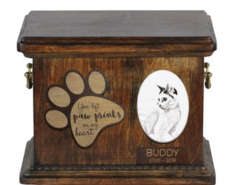 Urn for cat ashes with ceramic plate and sentence - Japanese Bobtail, ART-DOG Cremation box, Custom urn.