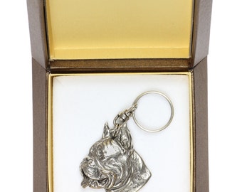 NEW, Boxer (cropped&pointed ears), German Boxer, Deutscher Boxer, dog keyring, key holder, in casket, limited edition, ArtDog