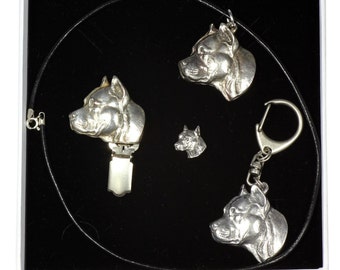 NEW, American Staffordshire Terrier, dog keyring, necklace, pin and clipring in casket, ELEGANCE set, limited edition, ArtDog