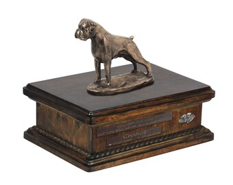 Exclusive Urn for dog ashes with a Boxer uncropped statue, relief and inscription. ART-DOG. New model. Cremation box, Custom urn.