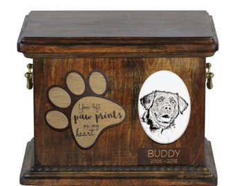 Urn for dog’s ashes with ceramic plate and description - Stabyhoun, ART-DOG Cremation box, Custom urn.