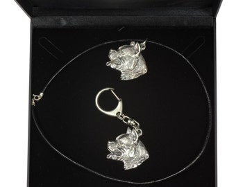 NEW, American Staffordshire Terrier (with collar), dog keyring and necklace in casket, DELUXE set, limited edition, ArtDog