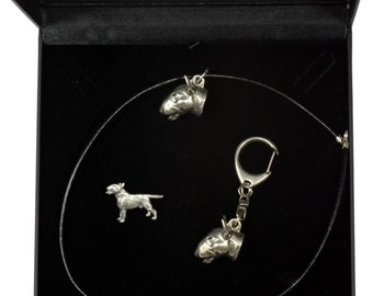 NEW, Bull Terrier, dog keyring, necklace and pin in casket, DELUXE set, limited edition, ArtDog . Dog keyring for dog lovers