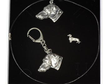 NEW, Teckel Smoothhaired, dog keyring, necklace and pin in casket, ELEGANCE set, limited edition, ArtDog . Dog keyring for dog lovers