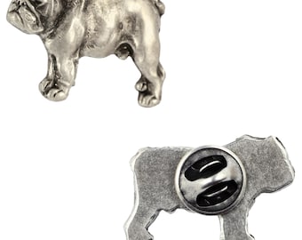 English Bulldog Pin in Wooden Box, Silver Plated Lapel Brooch for Dog Lovers, Art-Dog