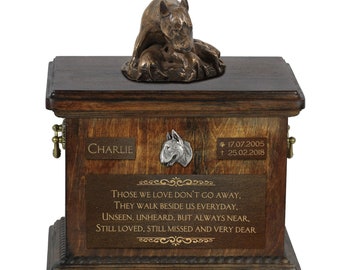 Bull Terrier mother - Exclusive Urn for dog ashes with a statue, relief and inscription. ART-DOG. Cremation box, Custom urn.