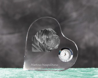 Neapolitan Mastiff- crystal clock in the shape of a heart with the image of a pure-bred dog.