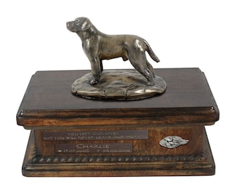 Exclusive Urn for dog ashes with a Labrador Retriever statue, relief and inscription. ART-DOG. New model. Cremation box, Custom urn.