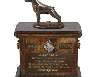 Boxer cropped - Exclusive Urn for dog ashes with a statue, relief and inscription. ART-DOG. Cremation box, Custom urn.