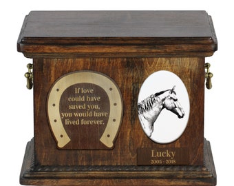 Urn for horse ashes with ceramic plate and sentence - Selle français, ART-DOG. Cremation box, Custom urn.