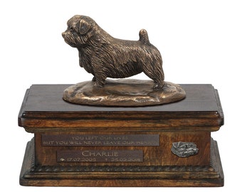 Exclusive Urn for dog ashes with a Norfolk Terrier statue, relief and inscription. ART-DOG. New model. Cremation box, Custom urn.