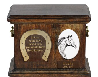 Urn for horse ashes with ceramic plate and sentence - Zweibrücker, ART-DOG. Cremation box, Custom urn.