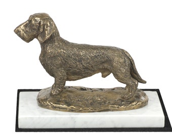 Dachshund, dog white marble base statue, limited edition, ArtDog. Made of cold cast bronze. Perfect gift. Limited edition