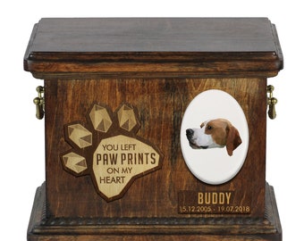 Urn for dog ashes with ceramic plate and sentence - Geometric Pointer, ART-DOG. Cremation box, Custom urn.