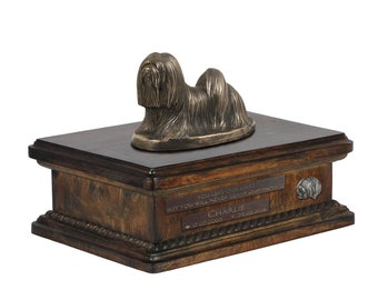 Exclusive Urn for dog ashes with a Lhasa Apso statue, relief and inscription. ART-DOG. New model. Cremation box, Custom urn.